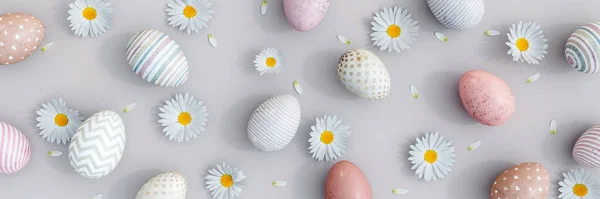 Boyanmış Paskalya Yumurtalarının Çeşitliliği Arka Planda Bahar Çiçekleri Süslemesi Var — Stok fotoğraf