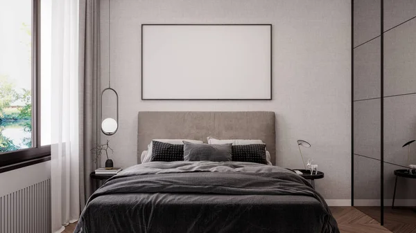 空の白い画像フレームとモダンなベージュの寝室のデザイン3Dレンダリング 3Dイラスト — ストック写真