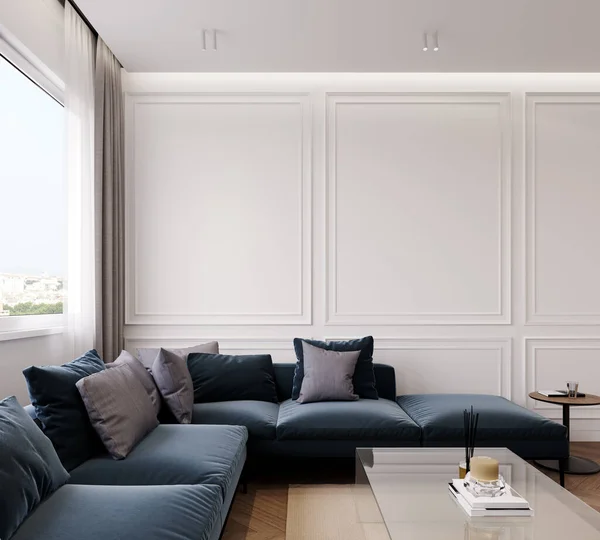 Moderní Design Interiéru Obývacího Pokoje Tmavě Modrou Pohovkou Bílým Prázdným — Stock fotografie