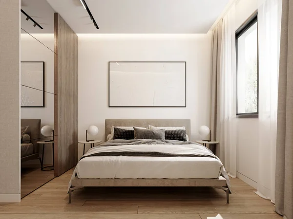 Moderne Beige Schlafzimmereinrichtung Mit Leerem Weißen Bilderrahmen Rendering Illustration — Stockfoto