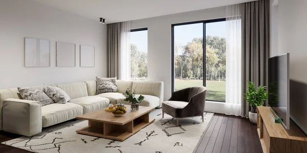 Moderne Stue Indretning Med Hvid Sofa Smuk Udsigt Baghaven Rendering - Stock-foto