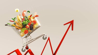 Gıda fiyatları yükseliyor. Alışveriş sepeti dolusu yiyecek ve kırmızı ok 3D görüntüleme, 3D resimleme