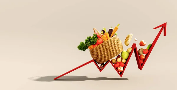 Food Cost Rising Concept Basket Full Groceries Red Arrow Pointing — Fotografia de Stock