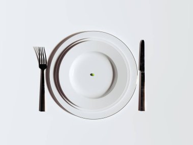 Çatal ve bıçakla beyaz tabakta tek bezelye. Açlık konsepti arka plan 3D Hazırlama, 3B Resim