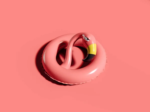 Pink flamingo inflatable belt on coral pink background 3D Rendering, 3D Illustration