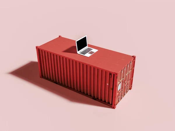 Laptop with red shipping container. Drop shipping concept background 3D Rendering, 3D Illustration