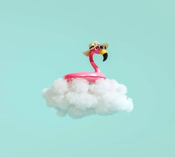 Pink flamingo inflatable belt with hat and sunglasses floating on white cloud 3D Rendering, 3D Illustration