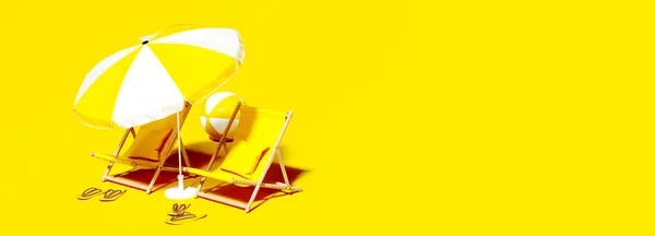 Два Пляжні Стільці Парасолькою Яскравому Жовтому Літньому Тлі Рендерингу Ілюстрація — стокове фото