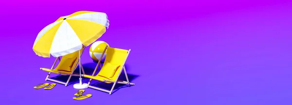 Twee Strandstoelen Met Gele Parasol Levendige Violette Achtergrond Rendering Illustratie Stockafbeelding
