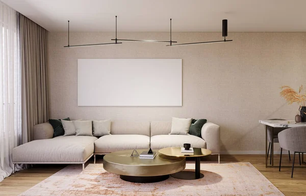 Modern Interior Apartment Beige Sofa Empty White Picture Frame Rendering — Stock Fotó
