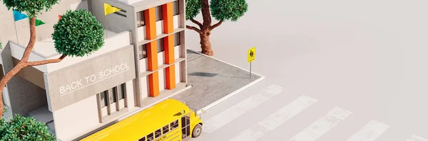 Schoolgebouw Met Schoolbus Bomen Grijze Achtergrond Rendering Illustratie Stockfoto