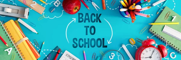 Back School Concept Text School Equipment Blue Background Rendering Illustration Stockafbeelding