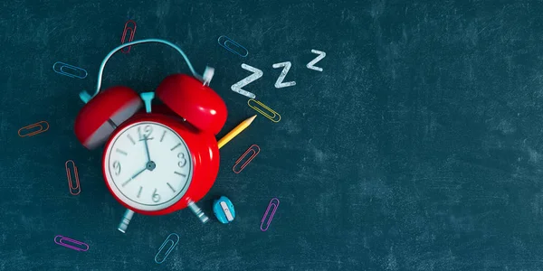 Ringing Red Alarm Clock Black Chalkboard Background School Beginning Concept Stockafbeelding