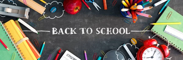 Back School Concept Text School Equipment Black Chalkboard Background Rendering Rechtenvrije Stockafbeeldingen