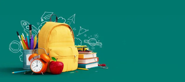 Yellow Backpack Alarm Clock School Equipment Back School Concept Green Rechtenvrije Stockafbeeldingen
