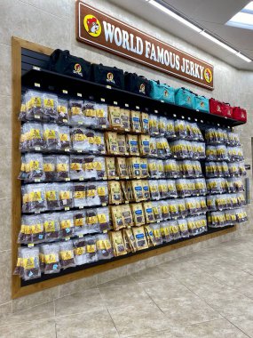 Daytona Beach, Florida: Buc-ee's convenience store and gas station. Display of World Famous Jerky. Over 20 different kinds of Buc-ee's brand beef jerky packaged and for sale. 