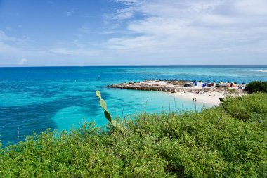 North coaling dock ruins and swim beach at Fort Jefferson at Dry Tortugas National Park, Florida Keys. Prickly pear cactus and turquoise blue waters. 