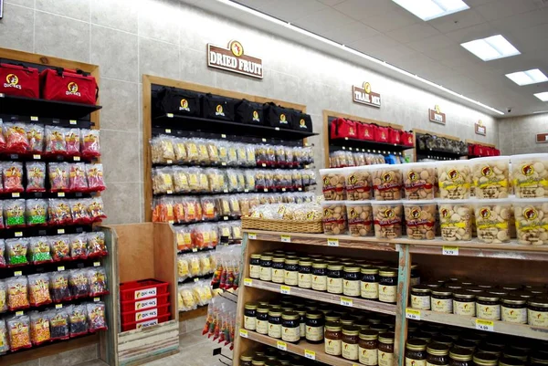 Daytona Beach, Florida: Buc-ee's convenience store and gas station. Display of World Famous Jerky. Over 20 different kinds of Buc-ee's brand beef jerky packaged and for sale. 