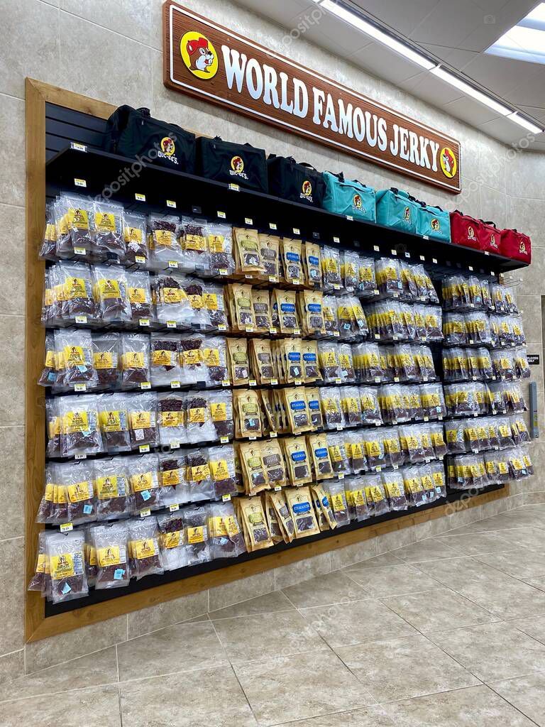Daytona Beach, Florida: Buc-ee's convenience store and gas station. Display of World Famous Jerky. Over 20 different kinds of Buc-ee's brand beef jerky packaged and for sale.
