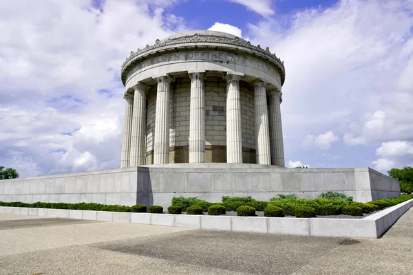 Vincennes, Indiana: George Rogers Clark National Historical Park at site of Fort Sackville American Revolutionary victory. Memorial exterior - circular granite with fluted Greek Doric columns.