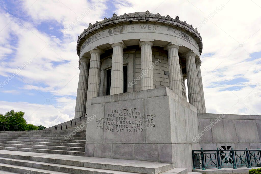 Vincennes, Indiana: George Rogers Clark National Historical Park at site of Fort Sackville American Revolutionary victory. Memorial exterior - circular granite with fluted Greek Doric columns. 