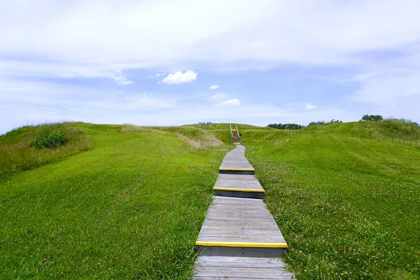 Poverty Point World Heritage Site in Louisiana is a prehistoric monumental earthworks site constructed by the Poverty Point culture. Boardwalk stairs climbing the largest earthen mound - Mound A.