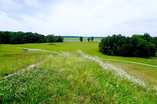 Poverty Point World Heritage Site in Louisiana is a prehistoric monumental earthworks site constructed by the Poverty Point culture. Looking down from the largest earthen mound - Mound A.