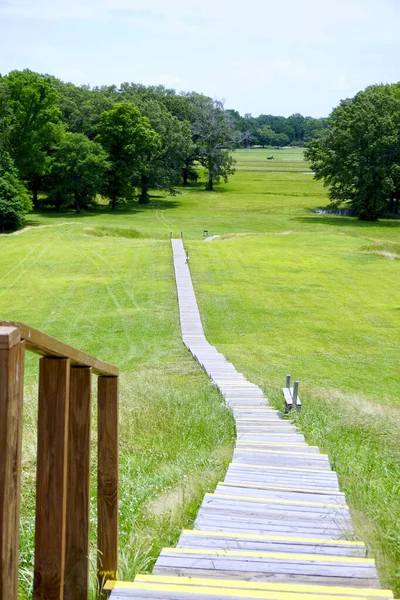 Poverty Point World Heritage Site, Louisiana: A prehistoric monumental earthworks site constructed by the Poverty Point culture. Boardwalk stairs descending the largest earthen mound - Mound A.