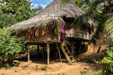 Panama 'daki Embera Puru Embera köyü. Geleneksel Ember evi, ayaklıklar üzerinde yerden yükselen, palmiye yapraklarından yapılmış sazdan çatılı bir konuttur. Evin altında depolanan dış motor.
