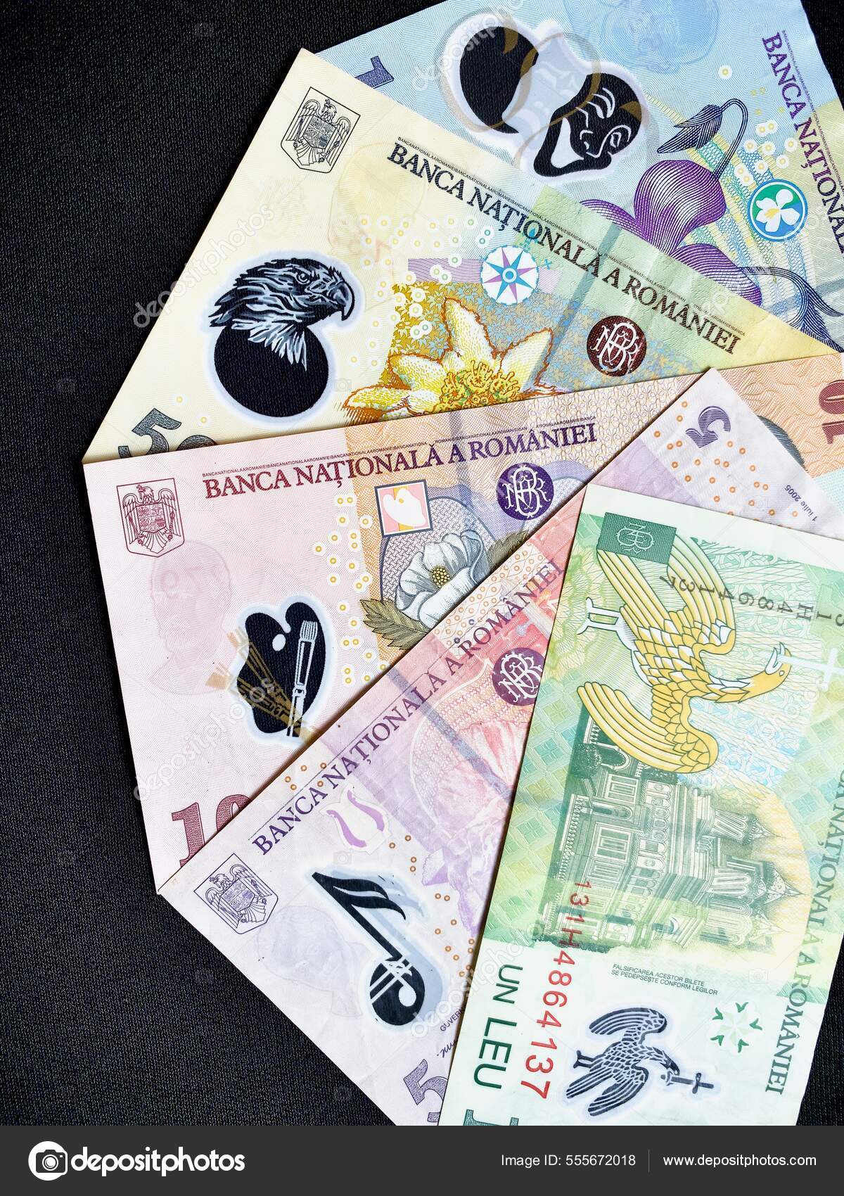 罗马尼亚列伊是罗马尼亚的货币Ron Romanian New Leu Lei 带有透明窗户的聚合物便条瓦拉几亚鹰艺术家调色板戏剧面具——图库图片©