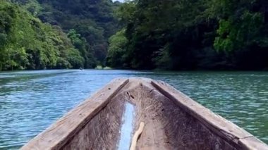 Panama 'daki Chagres Nehri' nde bir kano. Motorize pirgua ya da hamp (bataklık kanosu) Chagres Nehri 'nden Ember köyüne gider. Embera, Panama ve Kolombiya 'nın yerlileridir..