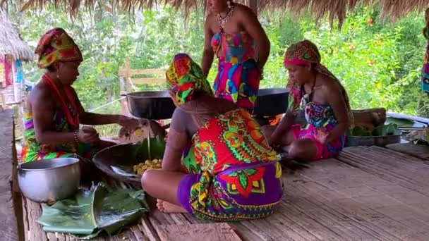 パナマのエンベラ プルー 若いエンベラの女性が料理をしています 揚げプランテン は屋外キッチンに設置されています パルマ生地のスカートとトップスに身を包んだ パナマの先住民族の村の食品 — ストック動画