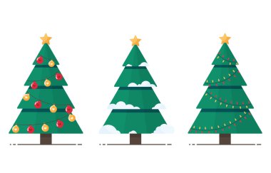 Noel ağaçlarını toplarla, çelenklerle ve yıldızlarla süsleyin. Gösterişli çam ağacı. Mutlu Noeller, yeni yıl, Xmas için pankart taslağı. Kartpostal ve broşür için hazırlan. Beyaz arka planda. Yeşil. Eps 10