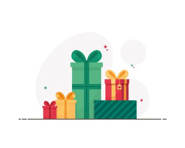 Tatiller için renkli hediye kutuları. Noel, xmas, yeni yıl ve doğum günü hediyesi. Çocuklar için sürpriz. Kış olayı. Beyaz arka planda izole edilmiş. Eps 10