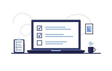 Yapılacaklar listesi ile birlikte bilgisayar monitörü. Bilgisayar ekranı. Ev işyerinde. Tamamlanmış görevler ya da görev tamamlandı. İnternet işi, iş ya da öğrenim. Panoda işaretle. Yazılı sınav. Düz stil. Mavi. Eps 10