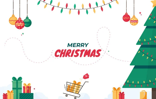 メリークリスマス クリスマスと新年のためのバナーテンプレート ガーランド ギフトやショッピングバッグと松の木 プレゼント付きショッピングカート 買い物のためのモックアップ 休日のイベント 白い背景で Eps — ストックベクタ