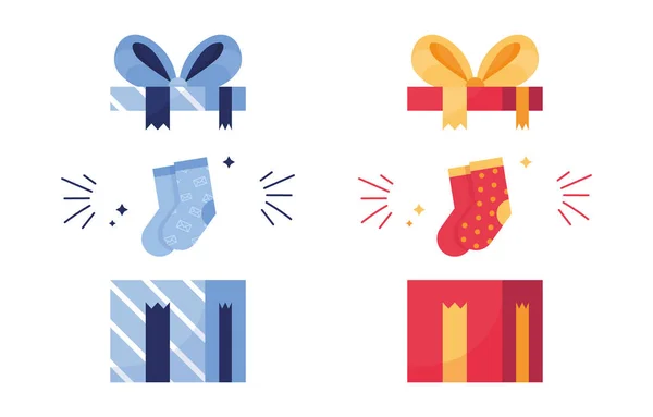 Σύνολο Εικονίδιο Κουτί Δώρου Πολύχρωμες Κάλτσες Κουκίδα Έκπληξη Για Διακοπές — Διανυσματικό Αρχείο