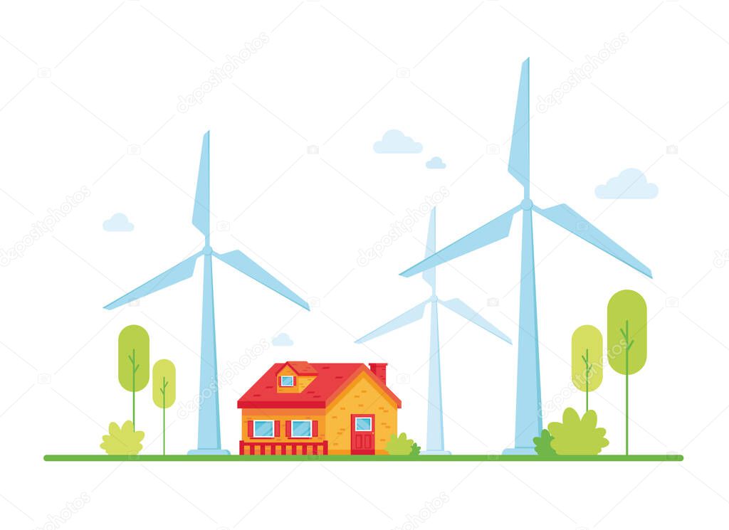 Wind turbines for ecological power supply. Eco friendly house. Windy tower. Wind Energy. Caring for nature. Ecology generator. Green nature. Red and Yellow. Eps 10