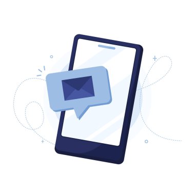 Akıllı telefon ekranında yeni mesaj var. Posta yoluyla yazışmalar. E- posta bildirim konsepti. Zarfın içinde bir mektup. İş pazarlama. Beyaz arka planda. Düz dizayn. Mavi. Eps 10