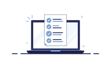 E- posta pazarlamasının vektör afişi. Evdeki işyerinde, ofiste. Dizüstü bilgisayar. Sitenin tamamlanmış başvuru formu. Belgeleri dolduruyorum. Ekranı izle. Mavi. Eps 10