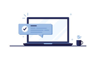E- posta pazarlamasının vektör afişi. Evdeki işyerinde, ofiste. Dizüstü bilgisayar. Sitenin tamamlanmış başvuru formu. Belgeleri dolduruyorum. Ekranı izle. Mavi. Eps 10