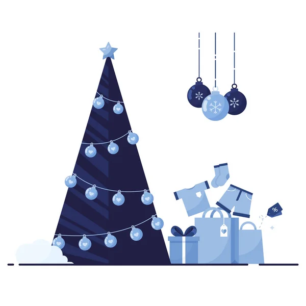 Boldog Karácsonyt Évet Mint Egy Sablon Ünnepek Karácsonyfa Ajándékdobozok Ruhák — Stock Vector