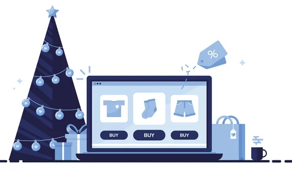Compras Online Natal Com Laptop Computador Árvore Natal Caixas Presente —  Vetores de Stock