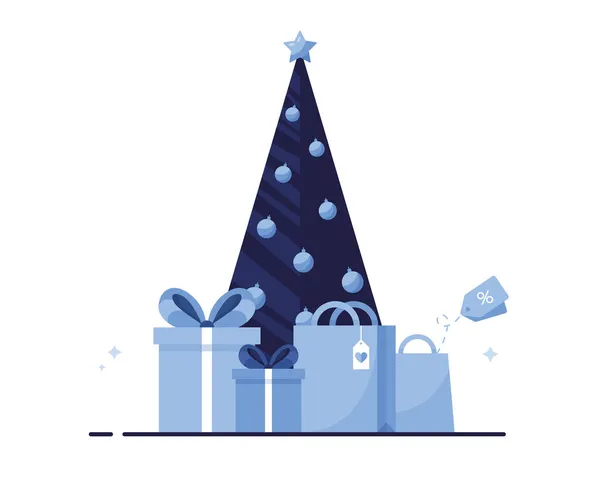 Christmas Tree Gifts Shopping Bag Banner Template Postcard Merry Christmas — Stock Vector