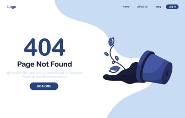 Vektör illüstrasyon 404 hata sayfası bulunamadı. Pankarta git. Sistem hatası, kırık sayfa. Çiçek ve toprakla parçalanmış çömlek. İnternet sitesi için. Web Şablonu. Mavi. Eps 10