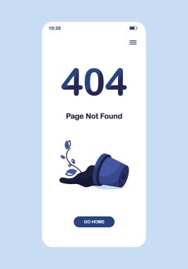 Vektör illüstrasyon 404 hata sayfası bulunamadı. Pankarta git. Sistem hatası, kırık sayfa. Çiçek ve toprakla parçalanmış çömlek. İnternet sitesi için. Web Şablonu. Mavi. Telefon versiyonu. Mobil uygulama. Eps 10