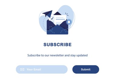 E-posta pazarlamasının vektör pankartı. Haber bültenine abonelik, haberler, teklifler, terfiler. Zarfın içinde bir mektup. Düğme şablonu. Abone ol, boyun eğ. Postayla gönder. Beni takip edin. Mavi. Eps 10