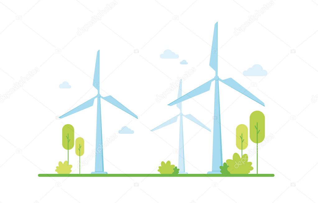 Isolated vector illustration of clean electric energy from renewable sources wind. Eco friendly. Green zone. Protecting and caring for nature. Climate support. On white background. Blue.  Eps 10