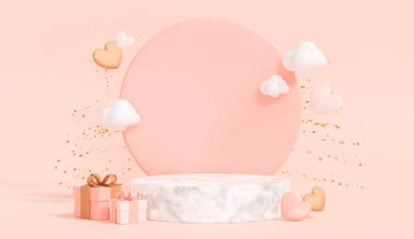 Ürün sergisi için podyumu olan gerçekçi bir arka plan modeli. Kalpli hediye kutuları, bulutlar ve konfeti. Sevgililer Günü, Anneler ve Kadınlar Günü için dekoratif eşyalar. 3B Hazırlama