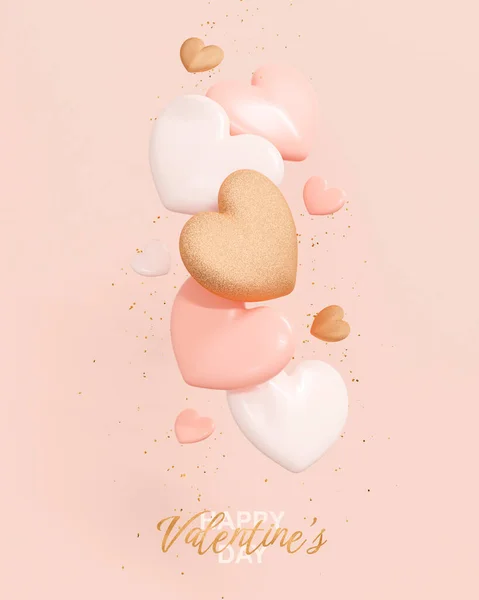 Happy Valentine's Day. Falling realistic gold and pink Hearts. Holiday greeting card, postcard and banner. Romantic festive background. 3D Rendering